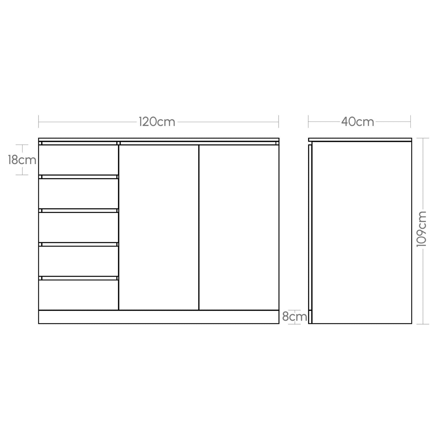 5 Drawer and 2 Door Dresser ,White