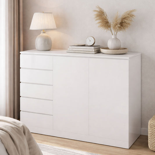5 Drawer and 2 Door Dresser ,White